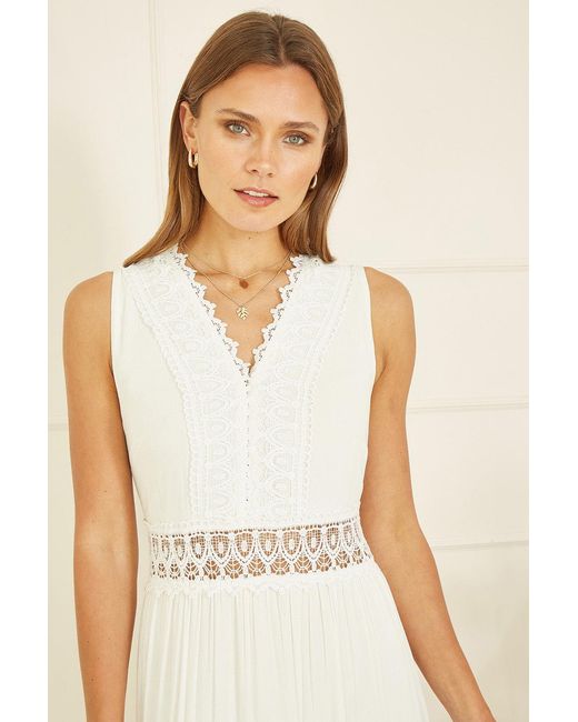 Yumi' Natural Lace Trim Cotton Midi Sun Dress