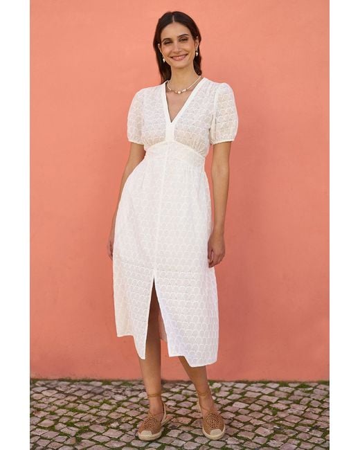 Yumi' Brown Broderie Anglaise Midi Dress With Split Hemline