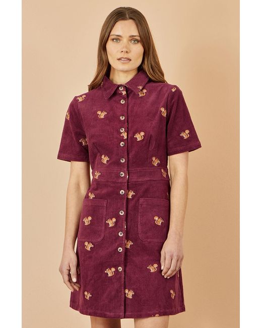 Yumi' Red Cord Shirt Dress With All Over Squirrel Embroidery