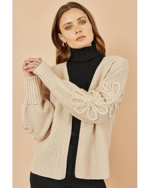 Yumi' Natural Edge To Edge Cardigan With Flower Detail Sleeves