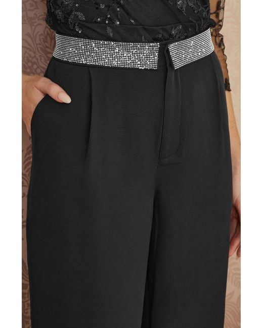 Yumi' Black Wide Leg Trousers With Diamante Waistband