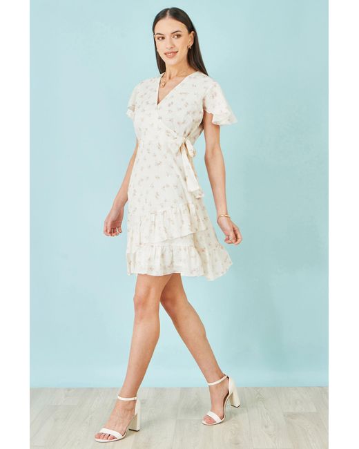 Yumi' White Rose Print Wrap Over Frill Dress