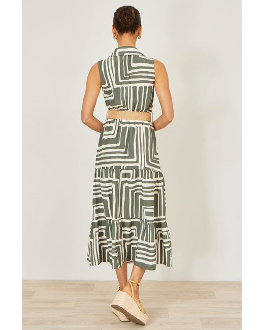 Yumi' White Viscose Geo Print Midi Shirt Dress With Matching Belt