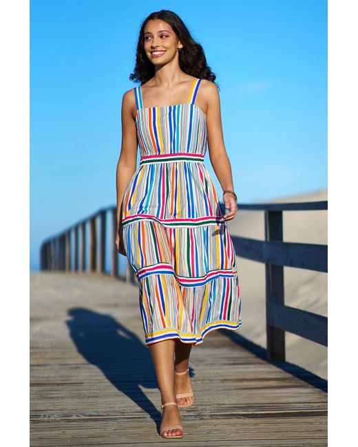 Yumi' Blue Multicolour Stripe Cotton Midi Sun Dress