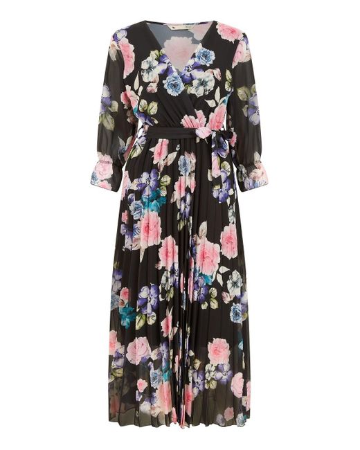 Yumi' Natural Floral Pleated Wrap Midi Dress