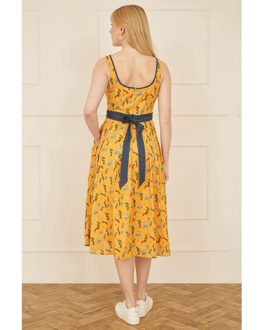 Yumi' Yellow Floral Skater Dress With Denim Trims