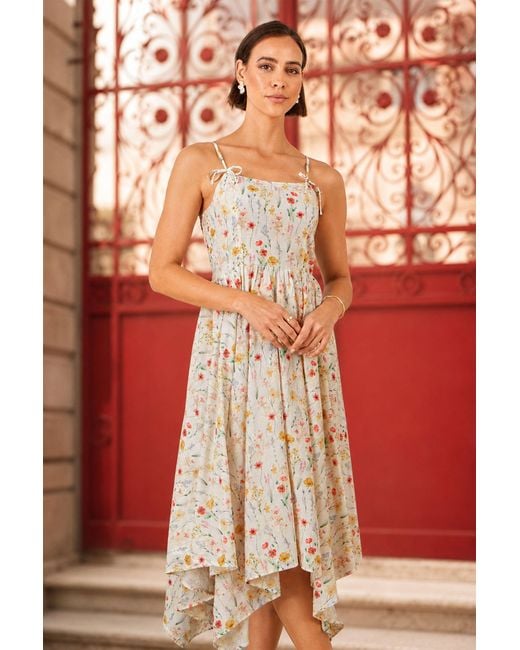 Yumi' Blue Botanical Embroidery Fabric Handkerchief Hem Dress