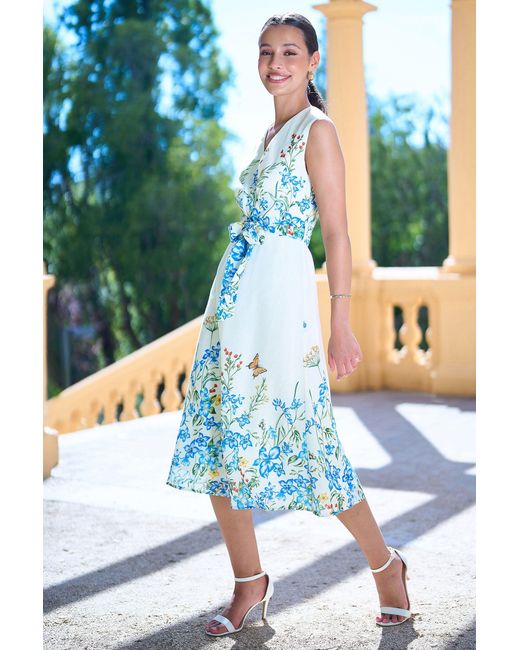 Yumi' Blue Butterfly Print Midi Wrap Dress