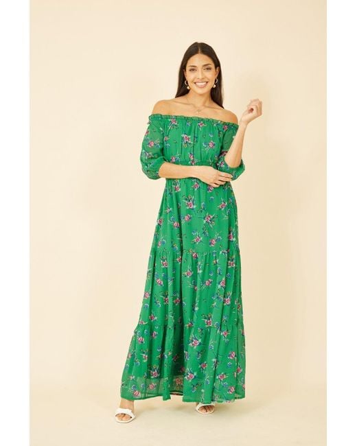 Yumi' Green Floral Bardot Long Sleeve Maxi Dress