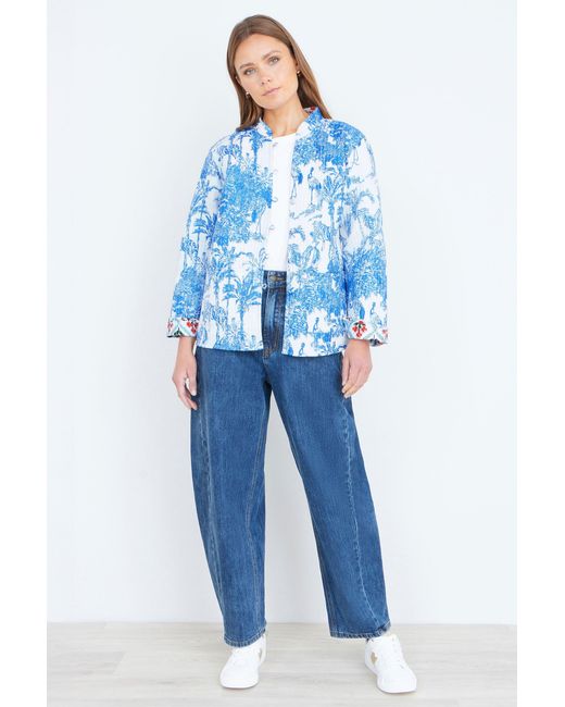 Yumi' Blue Palm Reversible Cotton Quilted Jacket