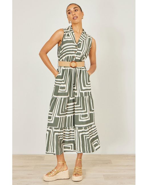 Yumi' White Viscose Geo Print Midi Shirt Dress With Matching Belt