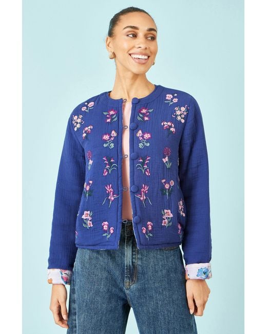 Yumi' Blue Floral Embroidery Cotton Jacket