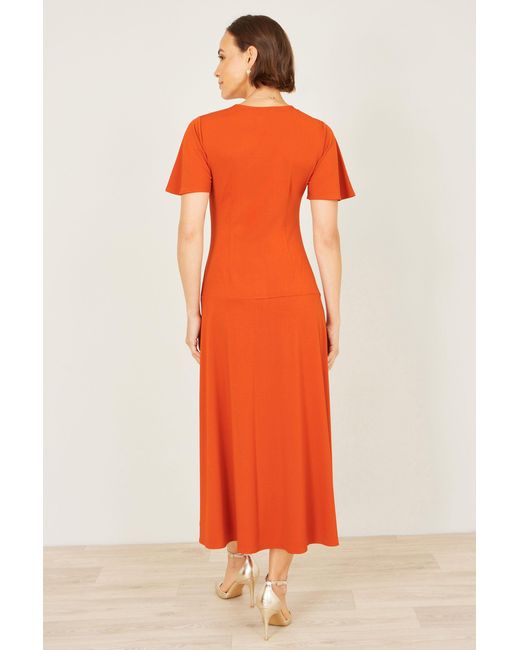 Yumi' Orange Ruched Front Stretch Midi Dress
