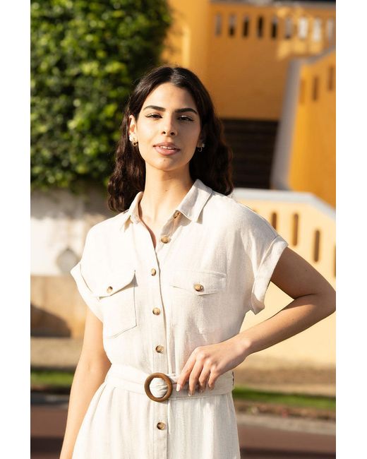 Yumi' Natural Stone Viscose Linen Look Midi Shirt Dress With Wooden Belt