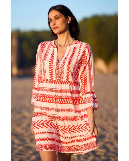 Yumi' Red Geo Stripe Print Beach Tunic