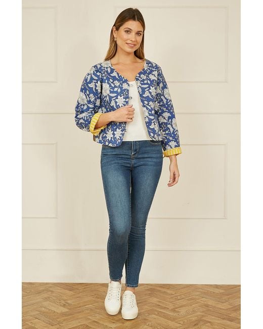 Yumi' Blue Floral Reversible Cotton Quilted Jacket