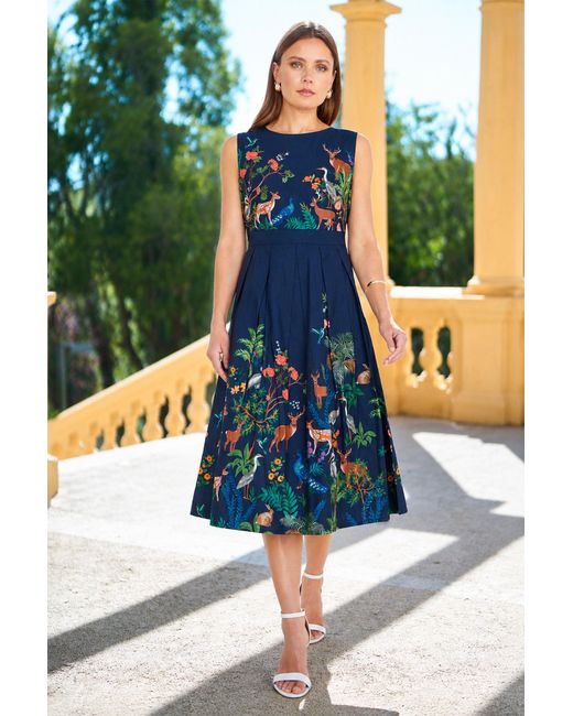 Yumi' Blue Woodland Animal Print Cotton Midi Skater Dress