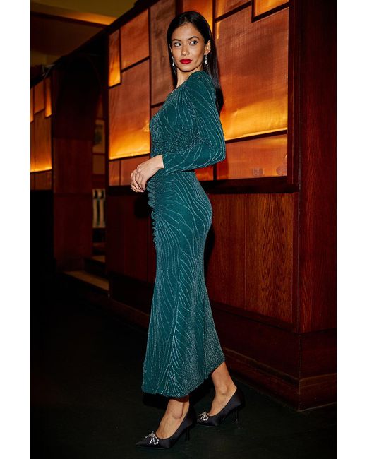 Yumi' Blue Mesh Fitted Ruched Midi Dress With Long Sleeves