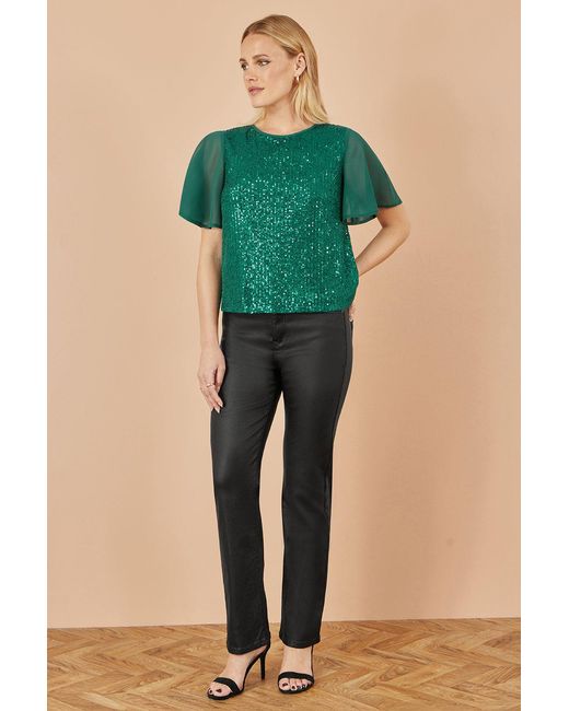 Yumi' Green Sequin Top With Sheer Sleeves And Cut Out Back
