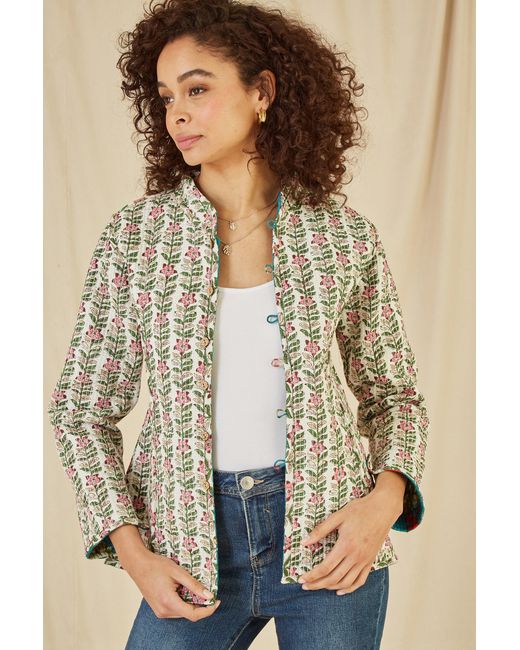 Yumi' Blue Floral Print Reversible Cotton Quilted Jacket