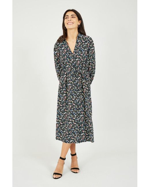 Yumi' Black Ditsy Floral Balloon Sleeve Shirt Dress