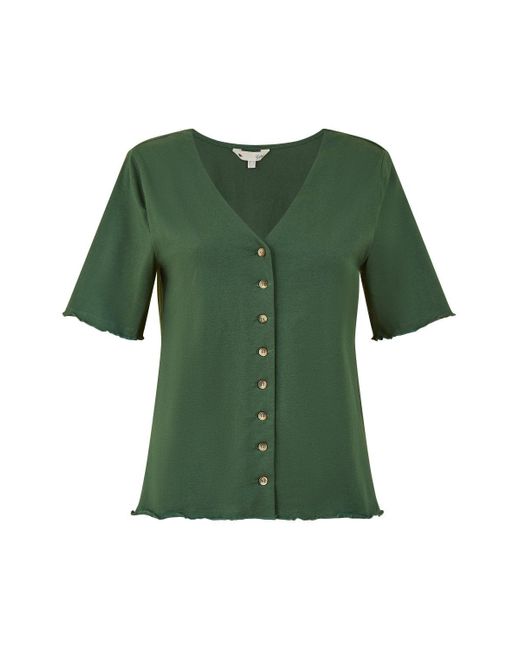 Yumi' Green Button Detail Jersey V-Neck T-Shirt