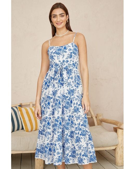 Yumi' Blue Floral Strappy Midi Dress With Front Tie
