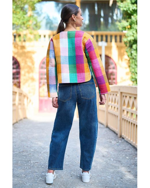 Yumi' Multicolor Multicolour Checked Cropped Reversible Cotton Quilted Jacket