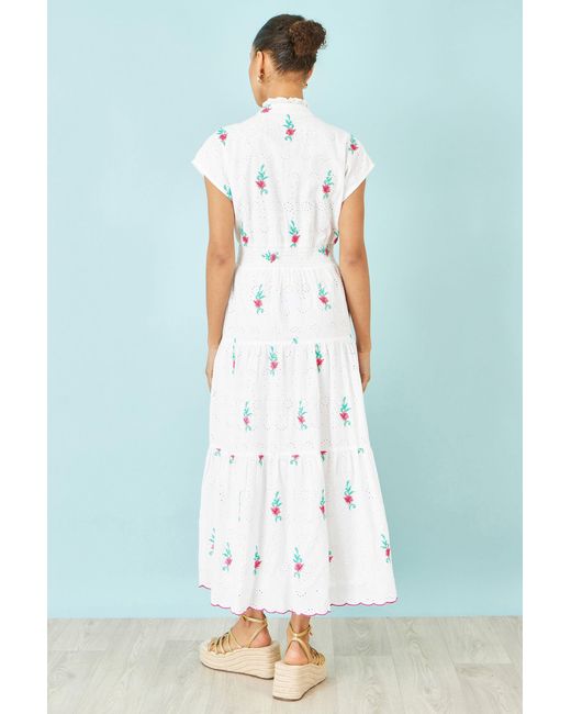 Yumi' Blue Cotton Broderie Anglaise Embroidered Midi Dress