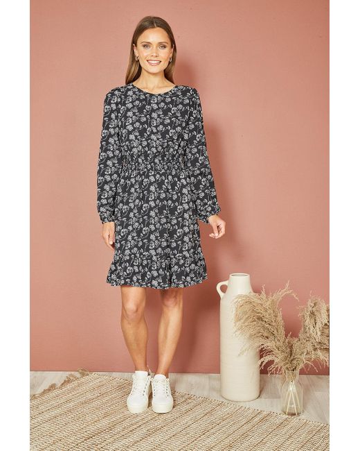 Mela Blue Floral Print Ruched Waist Long Sleeve Skater Dress
