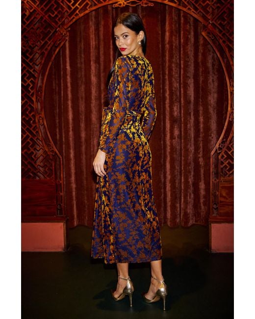 Yumi' Brown Velour Stretch Midi Dress With Long Sleeves