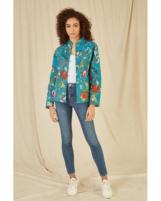 Yumi' Blue Floral Print Reversible Cotton Quilted Jacket