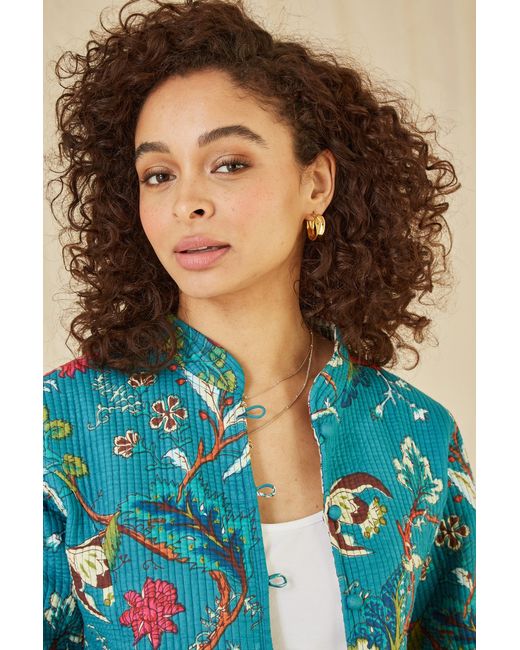 Yumi' Blue Floral Print Reversible Cotton Quilted Jacket