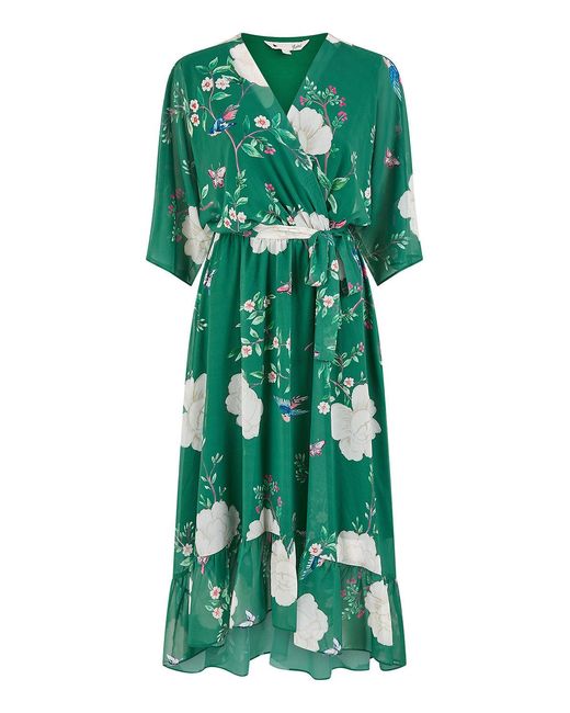 Yumi' Green Bird And Floral Print Midi Wrap Dress