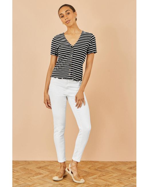 Yumi' Black Striped Cotton Jersey Lettuce Trim T-Shirt