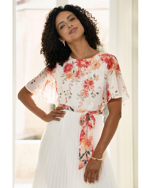 Yumi' White Mirror Floral Design Pleated Midi Dress