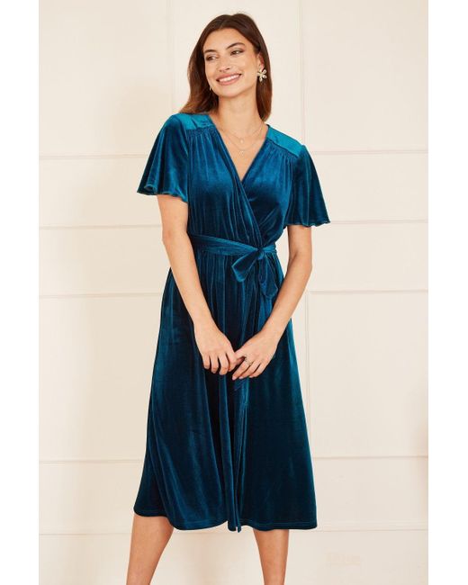 Yumi' Blue Wrap Over Midi Dress With Angel Sleeves And Split Hem