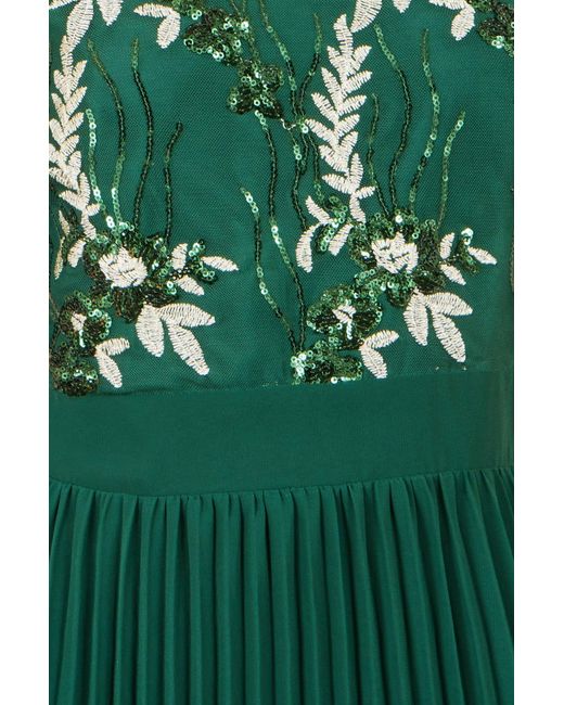 Yumi' Green Sequin Embroidered Pleated Midi Dress