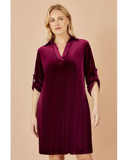 Yumi' Red Velvet Tunic Dress With 3/4 Sleeves