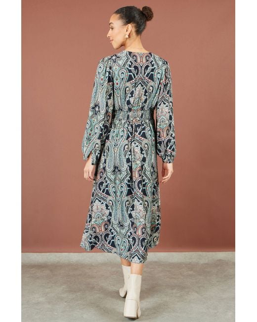 Yumi' Blue Paisley Print Midi Dress