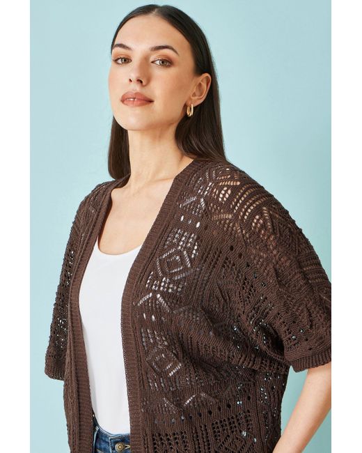 Yumi' Brown Crochet Edge To Edge 3/4 Sleeve Cardigan