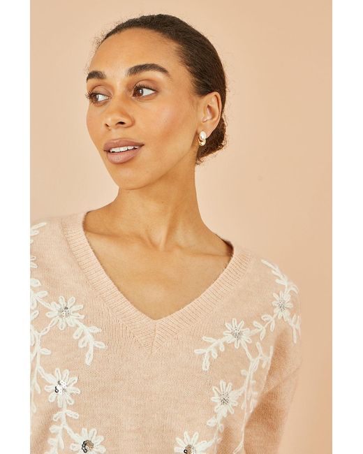 Yumi' Blue Floral Embroidered V Neck Relaxed Knitted Jumper