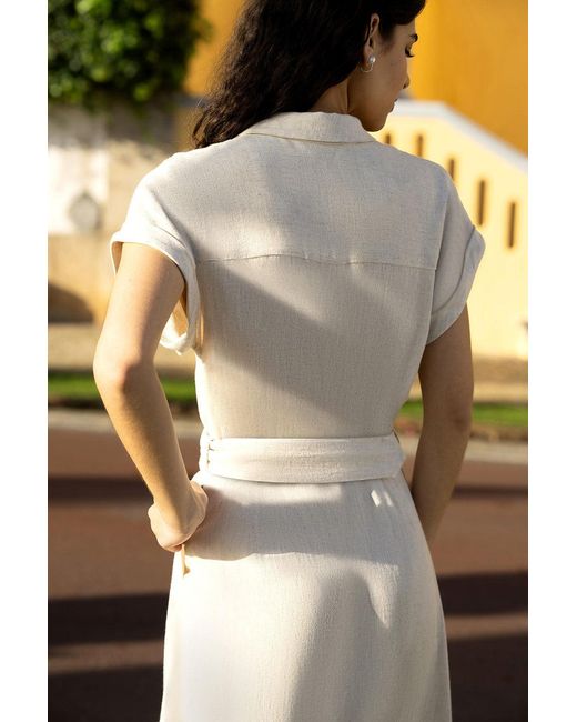 Yumi' Natural Stone Viscose Linen Look Midi Shirt Dress With Wooden Belt