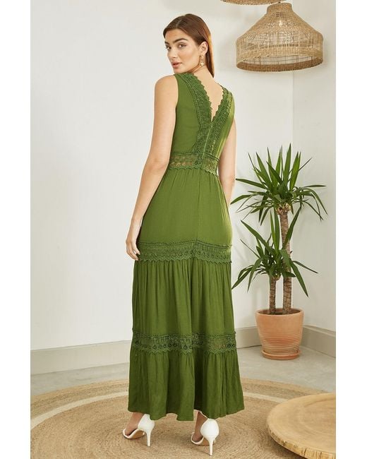Yumi' Green Lace Trim Cotton Midi Sun Dress