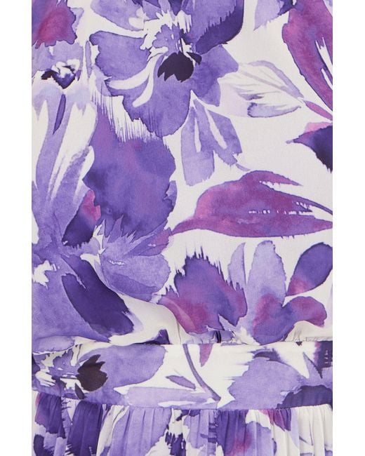 Yumi' Purple Abstract Floral Halter Neck Pleated Midi Dress