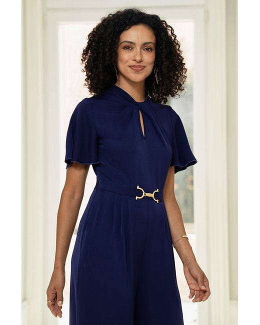 Yumi' Blue Buckle Jumpsuit With Twist Knot Detail