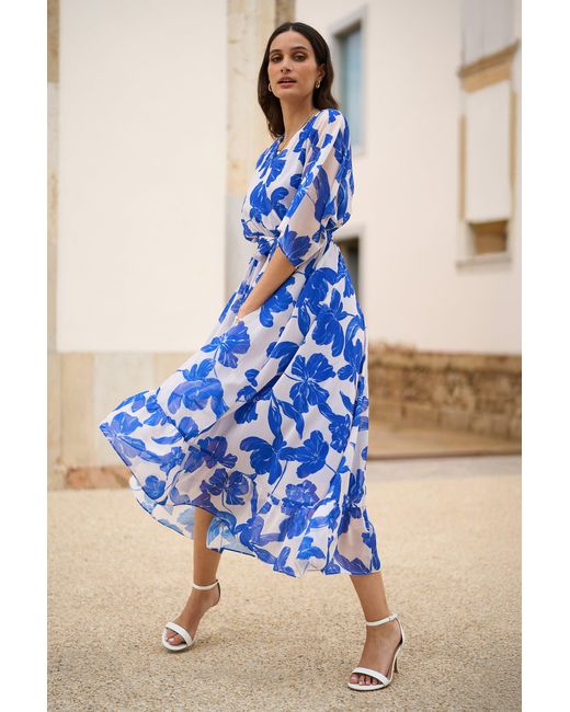 Yumi' Blue Kimono Sleeves Midi Dip Hem Wrap Midi Dress