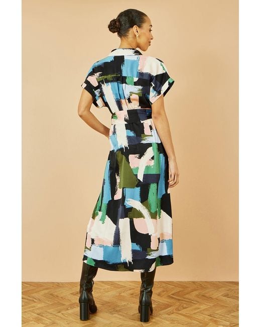 Yumi' Blue Brushstroke Print Relaxed Midi Shirt Dress