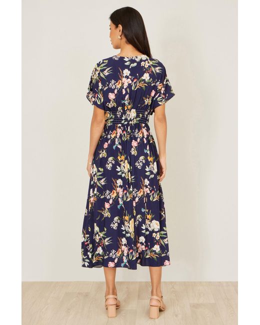 Yumi' Blue Viscose Floral Print Midi Dress With Ruched Waist