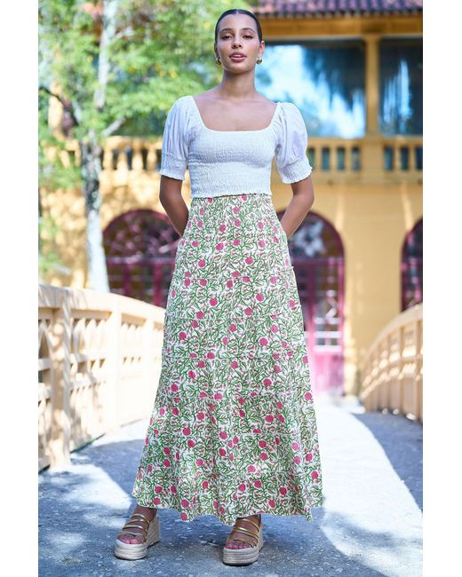 Yumi' White Boho Print Cotton Floral Maxi Skirt